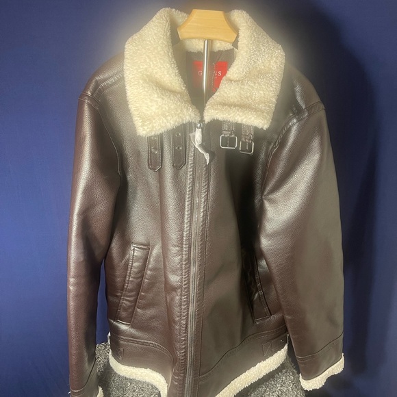 Guess Dark Brown Leather Jacket with Cream Shearling - Picture 3 of 5